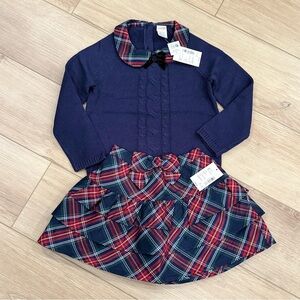 Girls Bow Cable Knit Sweater w/Matching Plaid Tiered Skirt - Royal Christmas NWT